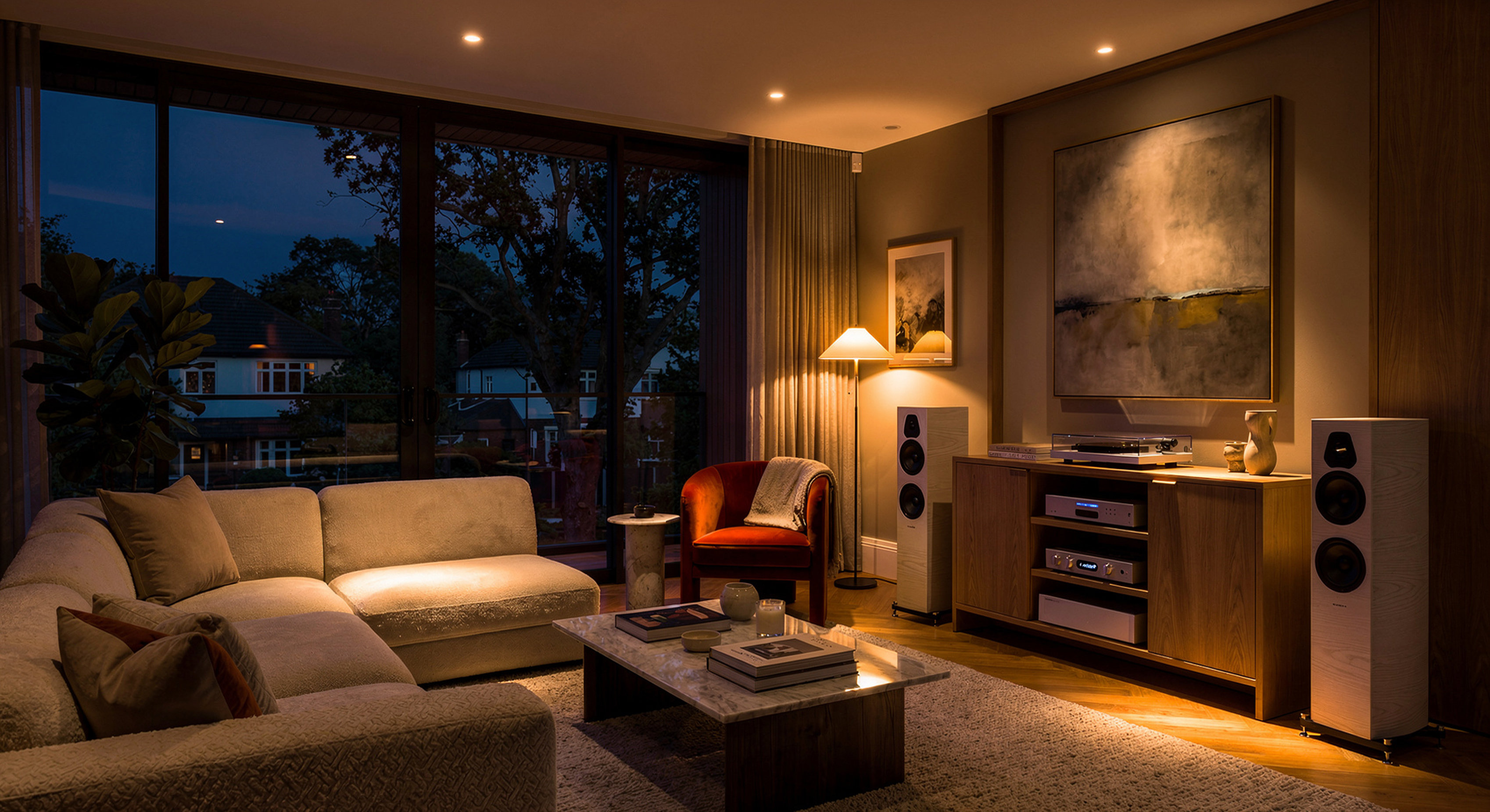 IsoTek V5 Elektra power conditioner in a living room in the evening